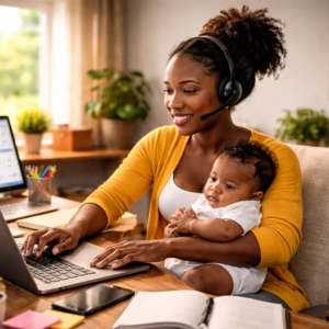 working mother with baby at desk