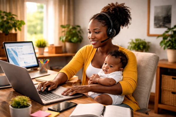 working mother with baby at desk